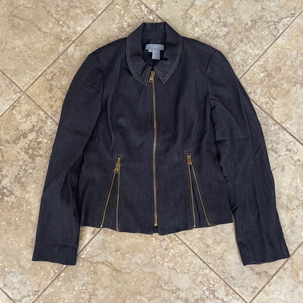 Eccoci Womens Size 8 Dark Wash Denim Zip Moto Jacket Blazer Blue Gold Hardware